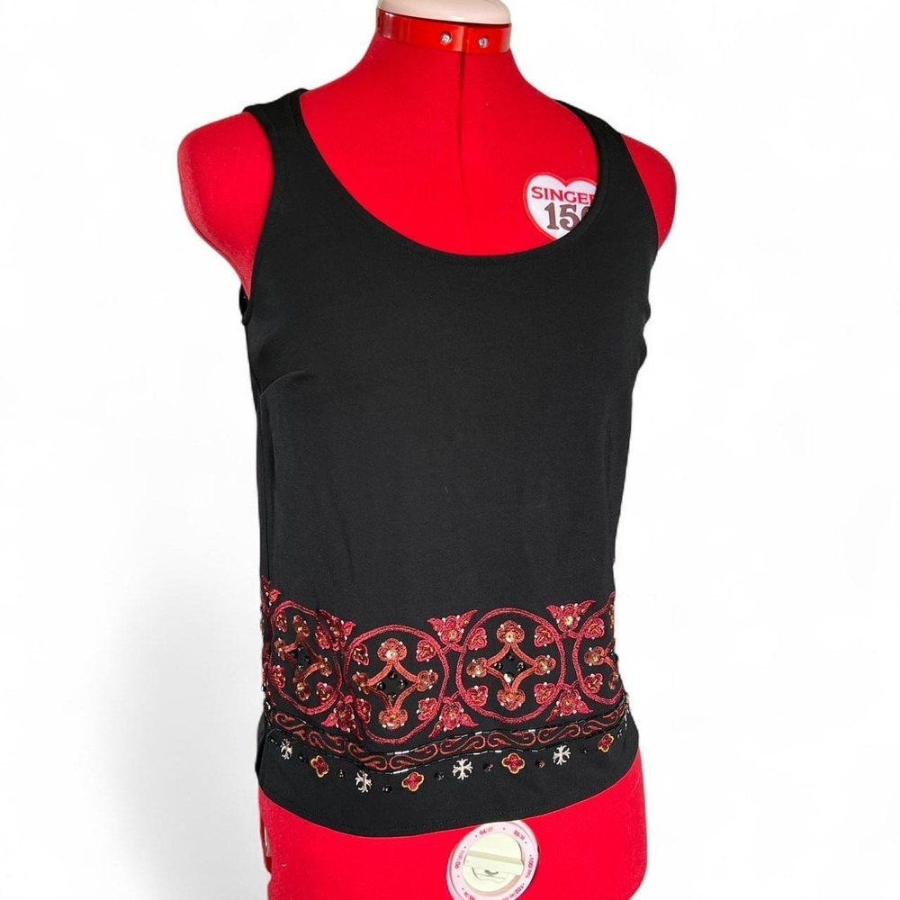 Valerie Stevens Petites Black Tank Top Red Embroidery Beaded Y2K Whimsygoth PS